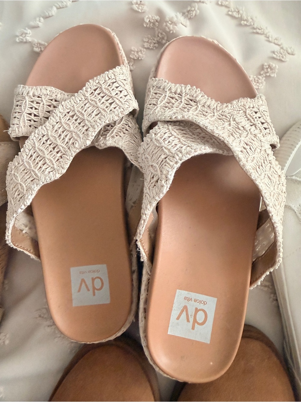 DV by Dolce Vita Cream Crochet Slide Sandals with Tan Footbed